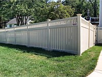<b>6 foot high 6 inch semi privacy tan vinyl fencing with closed tan vinyl square spindles plus single walk gate</b>